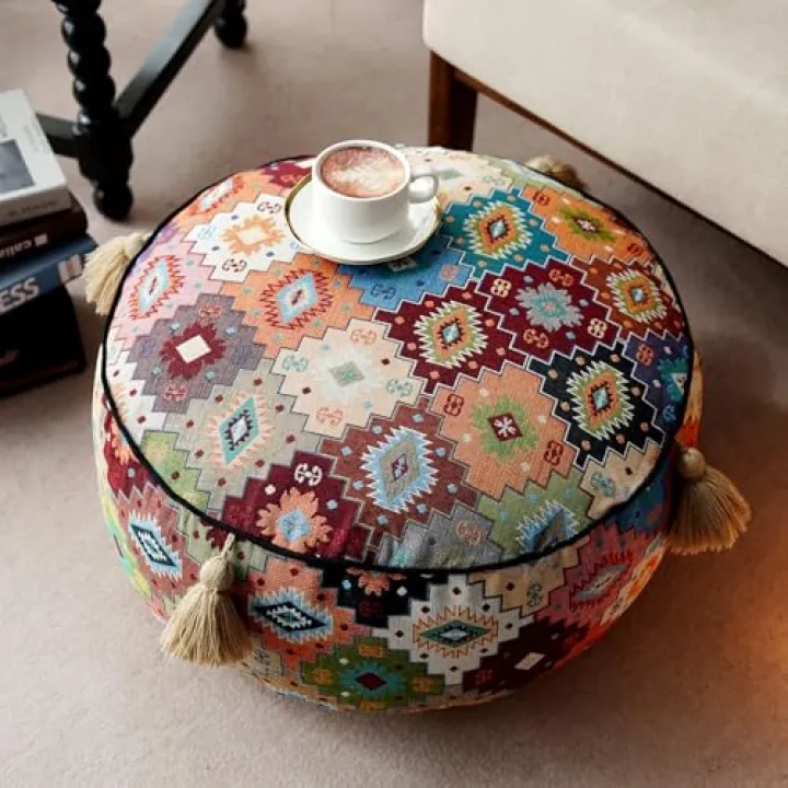 Artbloss Boho Unstuffed Pouf Cover Ottoman Footrest Indian Mexcian Foot Stool Floor Bean Bag Floor Chair Storage for Living Room Bedroom Decor (Boho Plaid, Round)