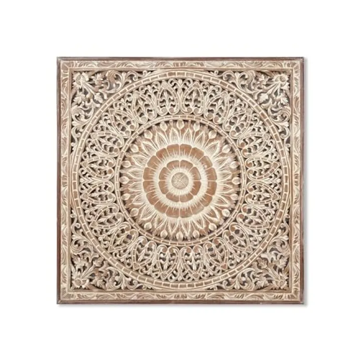 KultureDeco Cendana Large Carved Wood Wall Panel, 43 x 43 in Antique Wash, Handmade Decorative Wall Art, Boho Wall Decor for Living Room Bedroom