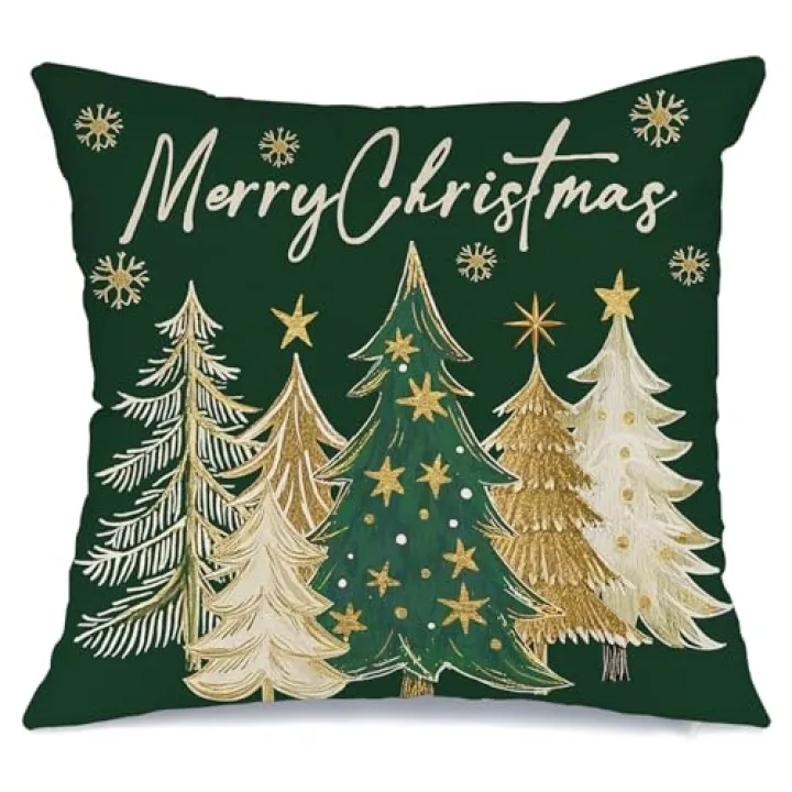 GEEORY Christmas Tree Pillow Cover 18 x 18 Inch, Xmas Decorations, Holiday Winter Decorative Throw Pillows for Sofa Green Gold GS068-18