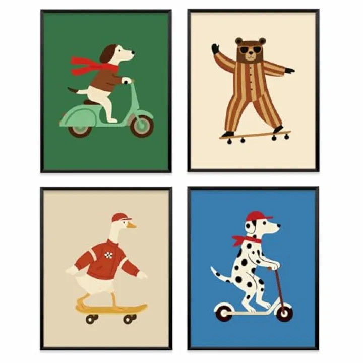 VONTP Kids Animal Nursery Wall Art Decor, Retro Dog Goose Bear Nursery Prints Poster Wall Decorations for Kids Boy Nursery Toddler Room Bedroom Playroom, 8x10 Inch Set of 4 (Unframed)