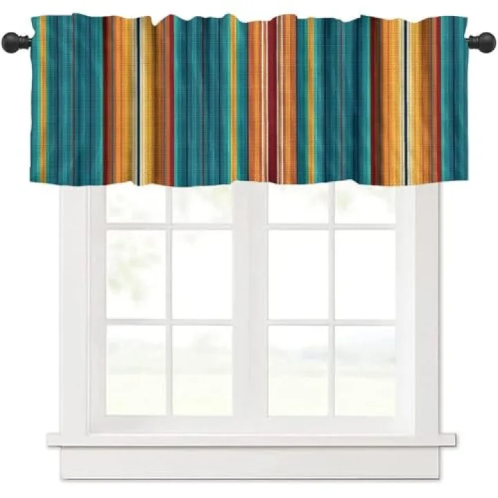 Nsbul Mexican Serape Valance, Orange Teal Southwestern Boho Striped Ethnic Folk Art Short Window Treatment for Rustic Kitchen Dining Bedroom Living Room Party Decor, 54x18Inch