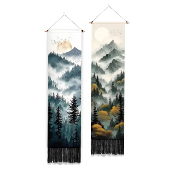 PLIGREAT 2 Pack Mountain Forest Wall Tapestry, Watercolor Aesthetic Landscape Tapestry with Tassels Vertical Moon Wall Hanging for Bedroom Living Room Home Decor Art Tapestries, 52 x 13 Inch