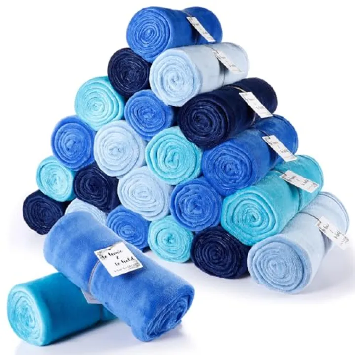 Windkream 24 Pack Flannel Throw Blankets Bulk 50 x 60 Inch Wedding Fleece Blankets with Thank You Card Soft Blue Blanket for Winter Valentines Wedding Guests Homeless Sleepover Spa Gifts, 4 Colors