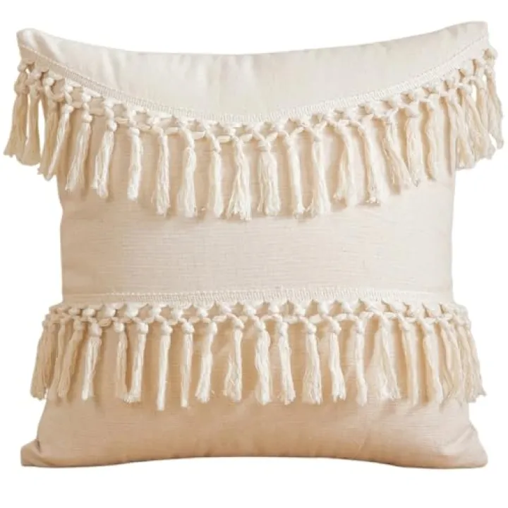 BEAMARKER Boho Decorative Throw Pillow Cover 18x18 Inch Cozy Bohemian Macrame Cushion Cover Square White Cotton Pillow Case with Tassels for Couch Sofa Bed Bench Car Farmhouse Home Decor