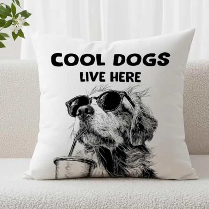 MNASAIOO Funny Dog Golden Retriever Decorative Throw Pillow Covers, Cool Dogs Live Here Pillows Covers Gifts for Pug Lovers,Black And White Sunglasses Pillow Cases Decor for Couch Bedroom Dorm 18x18in