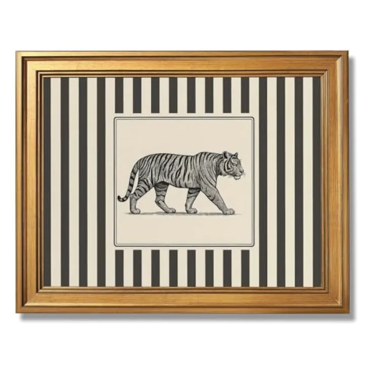 Gold Framed Vintage Tiger Wall Art Black and White Striped Wild Animal Poster Retro Jungle Big Cat Wildlife Canvas Print Botanical Safari Minimalist Exotic Artwork for Home Office Decor 12x16inch