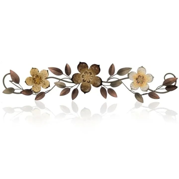 Wesiti Metal Flower Wall Decor Vintage Spring Metal Flower Wrought Iron Scroll Sculpture 15.7''x3.7'' Farmhouse Leaves Wall Decor with Nails for Spring Living Room Bedroom Indoor Outdoor(Brown)