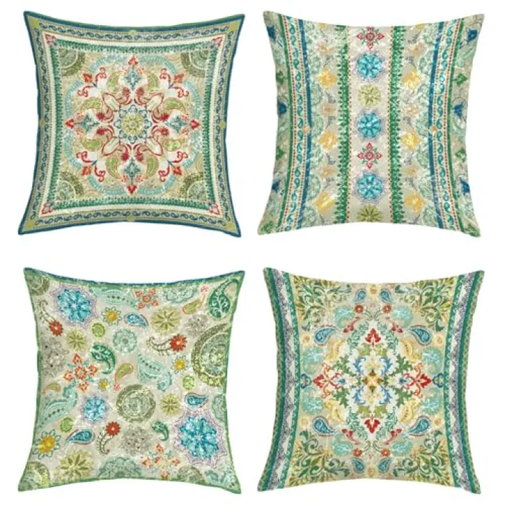Joymaison Boho Oriental Mandala Floral Throw Pillow Covers 18x18 Inch Set of 4 Vintage Paisley Geometric Flower Leaves Cushion Covers Home Decor for Couch Cushion Cases