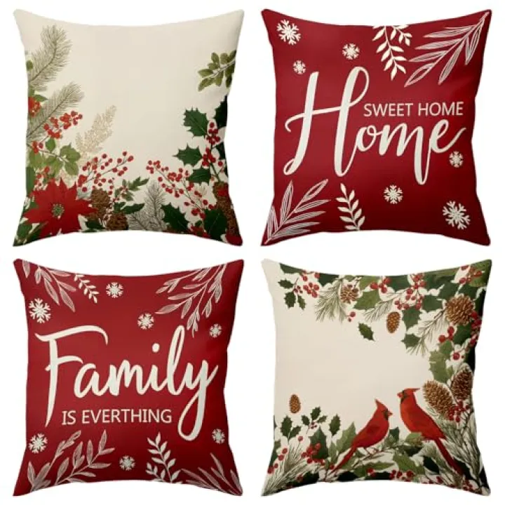 Christmas Throw Pillow Covers 18x18, Cardinal Poinsettia Pinecone Red Green Pillow Cases Set of 4, Winter Holiday Cushion Covers Decorations for Indoor Sofa Farmhouse