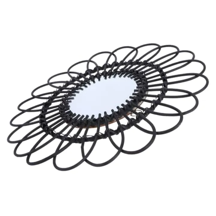 COOLHIYA Black Rattan Wall Hanging Mirror Woven Decorative Household Mirror Chic Nordic Style Elegant Wall-Mounted Adornment for Living Bedroom Bathroom