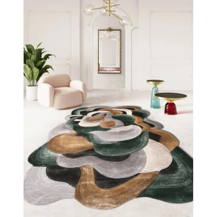 5x7 Irregular Shaped Area Rug for Living Room Bedroom Guestroom Indoor Throw Rugs Modern Abstract Art Meetingroom Home Office Lightweight Stain Resistant Floor Carpet Emerald Green Brown Gray