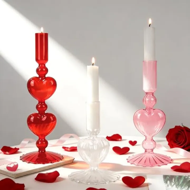JarThenaAMCS 3Pcs Valentine's Day Taper Candle Holder Glass Candlestick Holder Clear Red Pink Heart Candle Stick Vase for Wedding Anniversary Party Table Centerpiece Decor