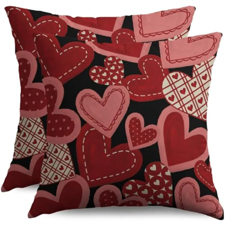 Sivirary Valentines Pillow Covers 18x18 Inch Set of 2 Black Red Love Heart Valentine's Day Holiday Decorative Throw Pillowcases Anniversary Outdoor Farmhouse Cushion Cases Decor for Sofa Couch Bed