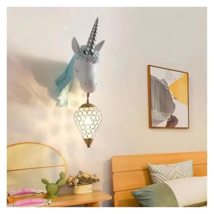Nordic Unicorn Wall Light Crystal Bracket Children Home Interior Lighting Girl Bedroom Study Living Room Resin Wall Lamp ﻿,Simple