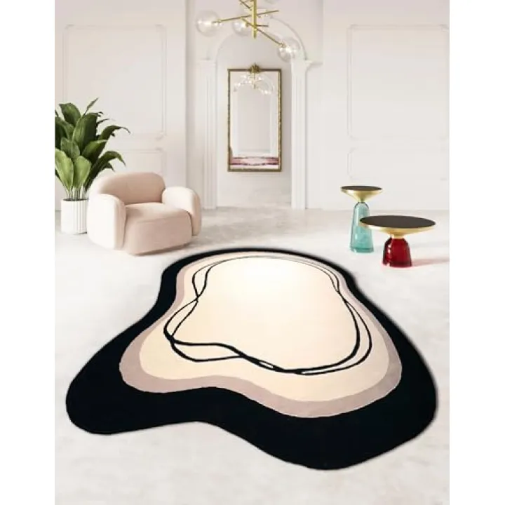 7x9 Irregular Area Rug Beige Black Curve Modern Abstract Art Washable Rug for Bedroom Diningroom Living Room Odd Shaped Rugs Minimalist Aesthetics Home Office Guestroom Stain Resistant Large Carpet