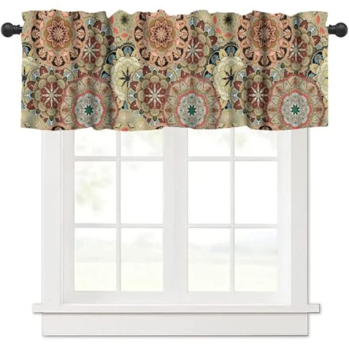 Nsbul Vintage Floral Curtain Valance, Ethnic Mandala Flowers Boho Decor Short Window Drapes for Kitchen Bedroom Living Room, 54x18Inch