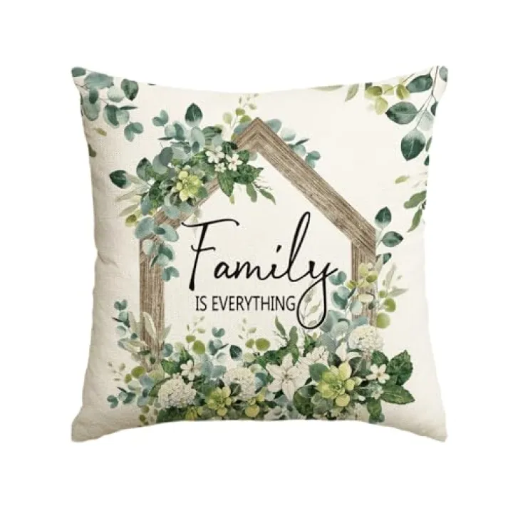AVOIN colorlife Family is Everything Spring Floral Throw Pillow Cover, 18 x 18 Inch Eucalyptus Flowers Summer Cushion Case Decoration for Sofa Couch Living Room Bedroom Home Decor