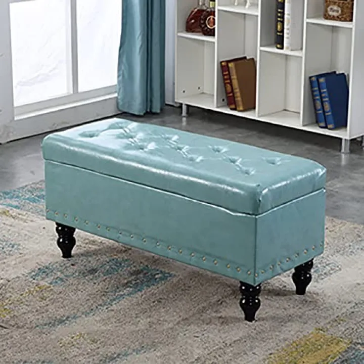 GYEBBJSC Modern Leather Upholstered Storage Pouf with Lift Top Rectangular Coffee Table Footrest for Living Room Black & Blue 90x42x46 cm (24x17x18 in)