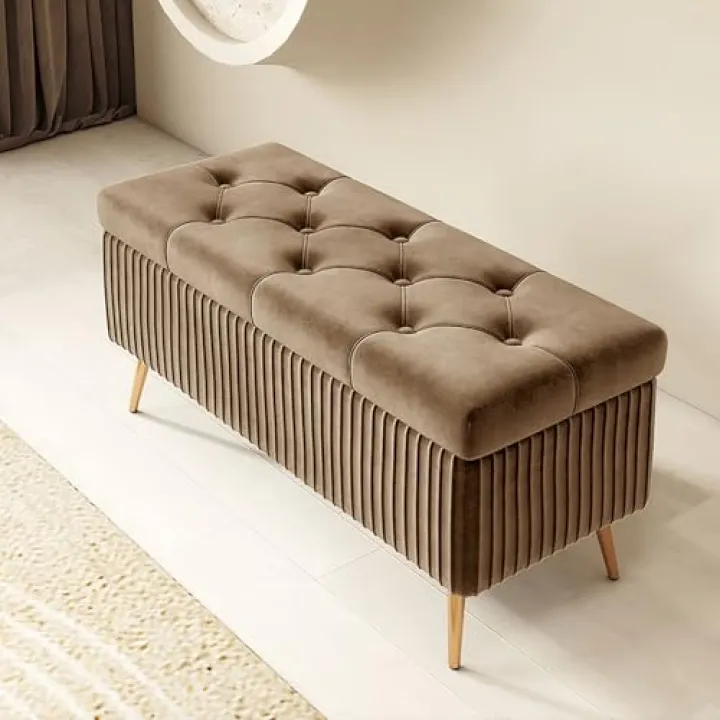 GYEBBJSC Rectangular Storage Pouf Ottoman Indoor Bedroom Bench Wooden Footstool with Legs Entryway Storage Chest Multi-Functional nizer Stylish Home Décor.