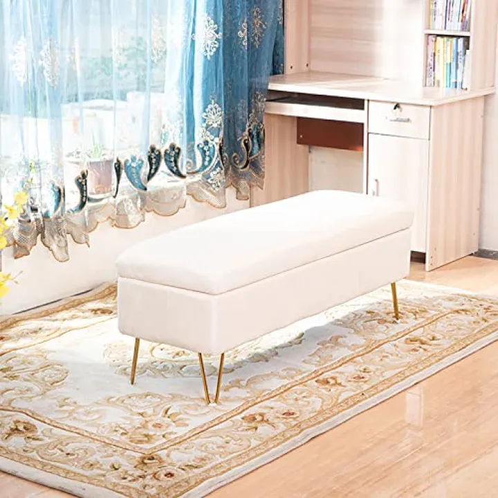 GHFQYMX Elegant Velvet Storage Bench Modern Rectangular Pouf for Entryway or Living Room White Upholstered Sofa Functional and Stylish 100x40x43 cm (39x16x17)