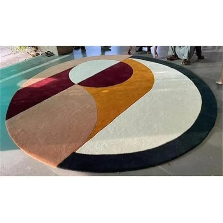 Modern Abstract Area Rug, Hand Tufted Wool, Geometric Pattern, Contemporary Design (Multi-82, 8 Feet Round)