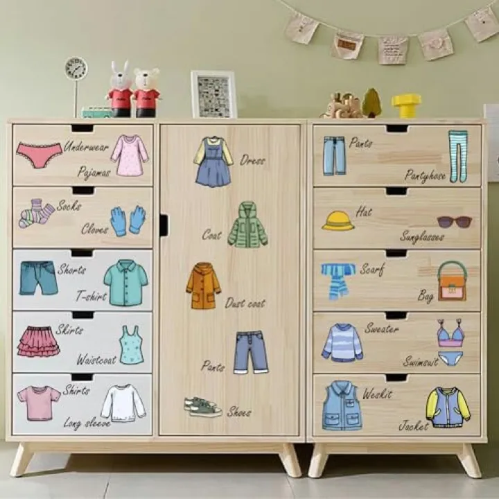 PRESSINART 4 Pcs 4 Styles Dresser Clothing Decals Stickers for Dresser Drawers PVC Self-Adhesive Clothes Storage Classification Labels Decals for Drawers Wardrobe Organizer Sorting Box Decoration