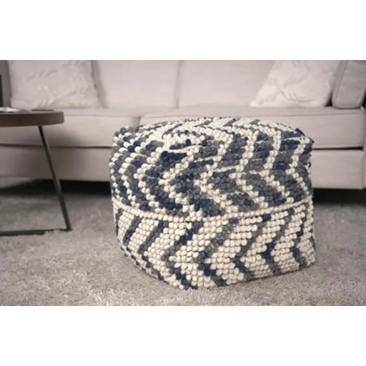 OPAHDN Cozy Alina Wool and Cotton Pouf for Relaxation, Durable Natural and Blue Design, Comfort in Any Room