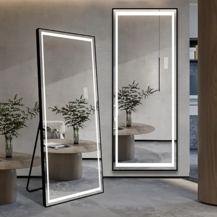 OPAHDN Upgrade Your Space with LED Full-Length Mirror, Adjustable Brightness and Stylish Frame, Black