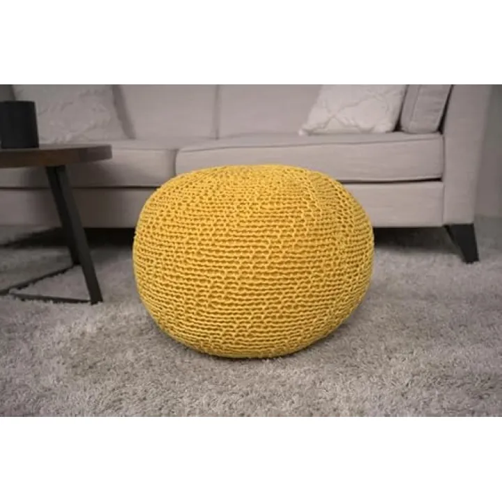 OPAHDN Knitted Cotton Round Pouf, Versatile Ottoman and Floor Cushion, Decorative Accessory, Yellow