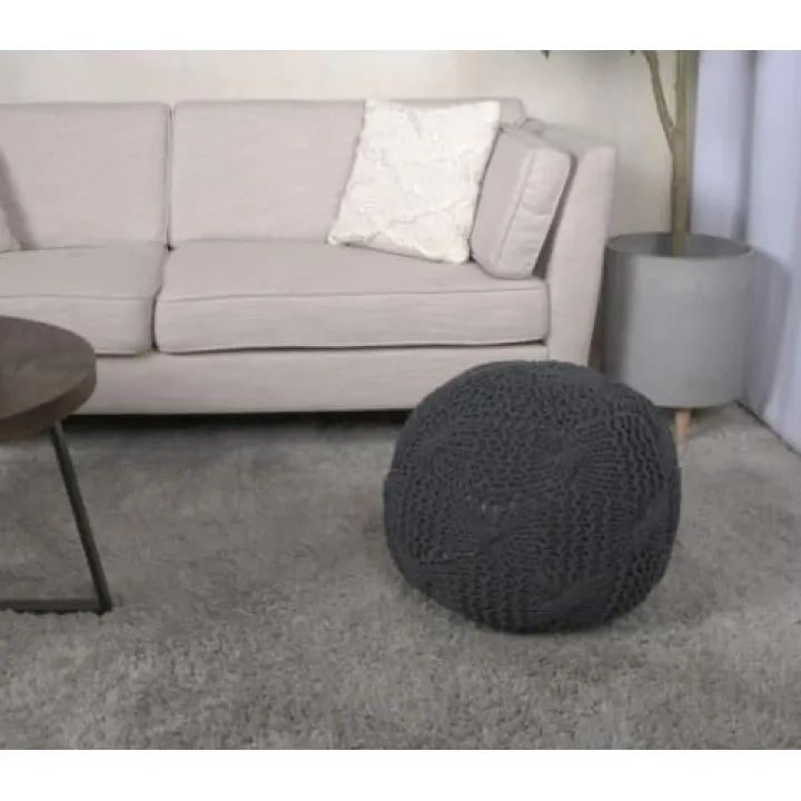 OPAHDN Versatile Seating Solution with Knitted Cotton Round Pouf, Functional Ottoman or Floor Cushion, Dark Gray