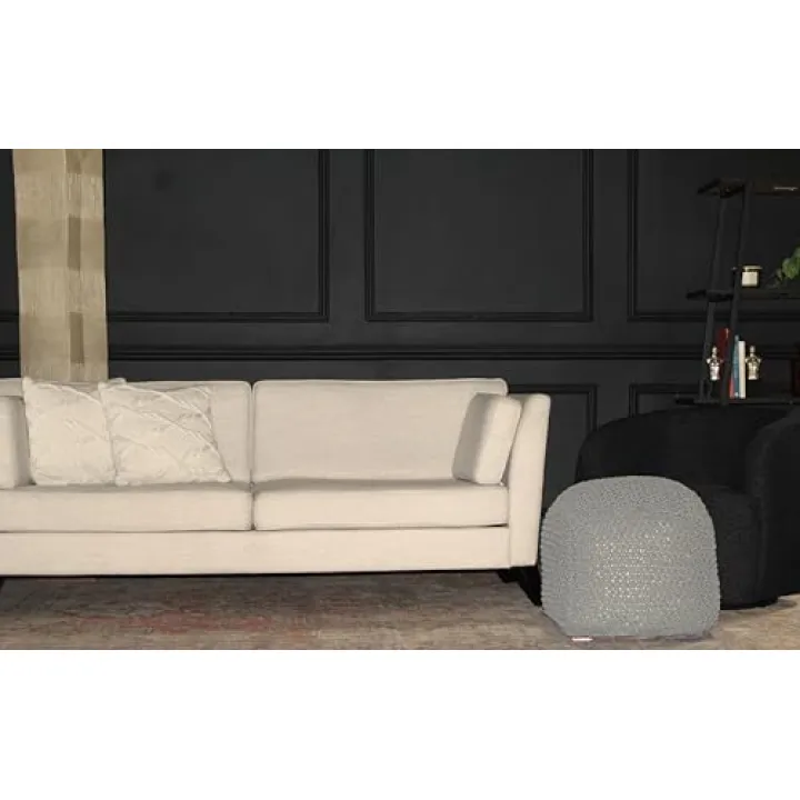 OPAHDN Stylish Semi-Rounded Pouf for Comfortable Seating or Footrest, Handmade Cable Knit Design, Light Gray, 21" x 21" x 18"