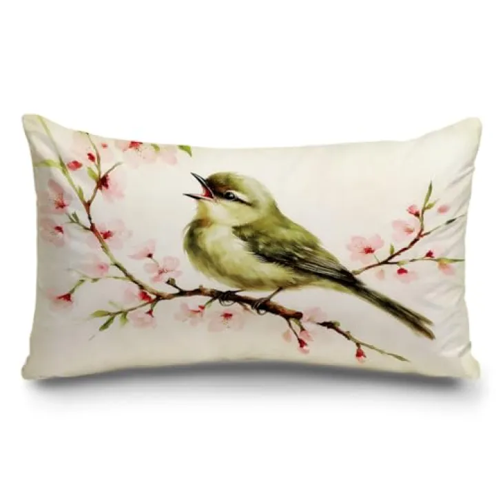 JOQUXI Vintage Pink Floral Bird Pillow Covers 12x20, Cottagecore Room Decor, Rustic Farmhouse Spring Flower Bird Lumbar Throw Pillow Covers for Home Bedroom Living Room