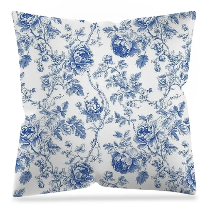 DAYOUER Chinoiserie Blue and white Floral Pillow Covers 18x18 Double-Sided, Chinoiserie Grandmillennial Home Decor, Blue and white Toile De Jouy Floral Throw Pillow Covers for Home Bedroom Living Room