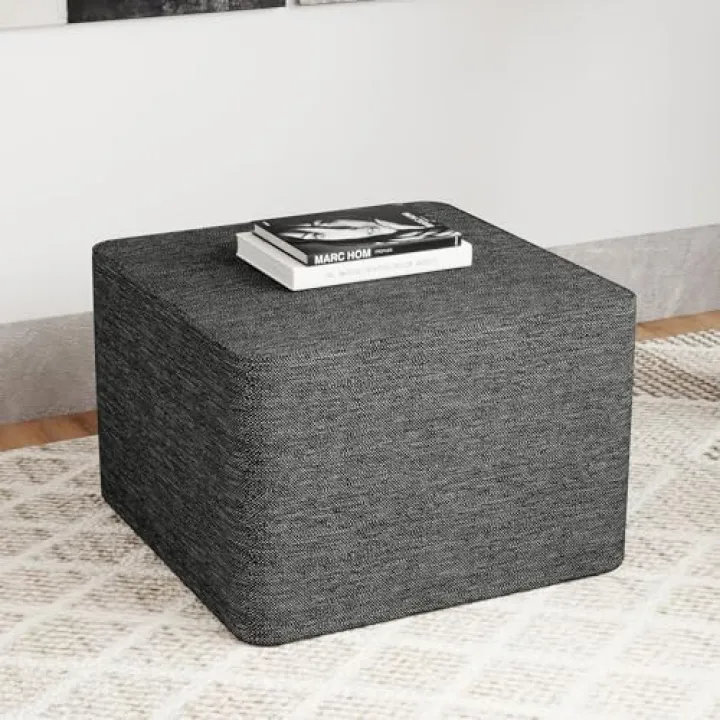 HYZQ 24"x24" Oversized Square Stuffed Pouf Ottoman, Full Foam Filling Footstool for Living Room Bedroom Office, Comfortable Ottoman Floor Poufs Foot Rest for Couch (Linen Fabric, Black)