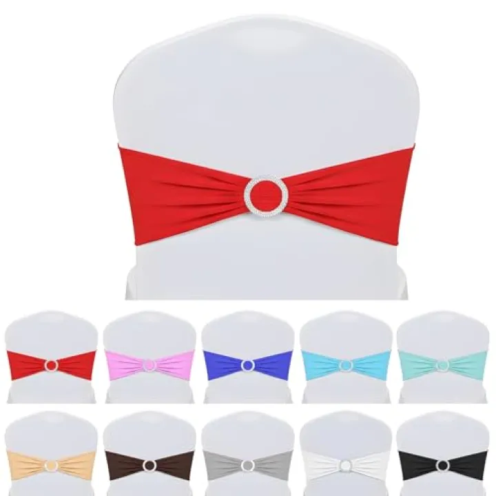 Kifmurase 50Pcs Spandex Chair Sashes Bows, Premium Stretch Chair Cover Band with Buckle Slider, Universal Elastic Sashes Ties for Wedding Party Reception Events Banquet Decor