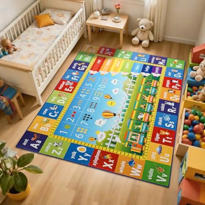 Mejorug 4x6 Kids Educational Rug for Playroom Classroom Bedroom, Area Rug for Learning ABC, Numbers, Colors, Season and Animal Words, Non Slip Washable Play Mat Carpet for Nursery Toddler Room Decor