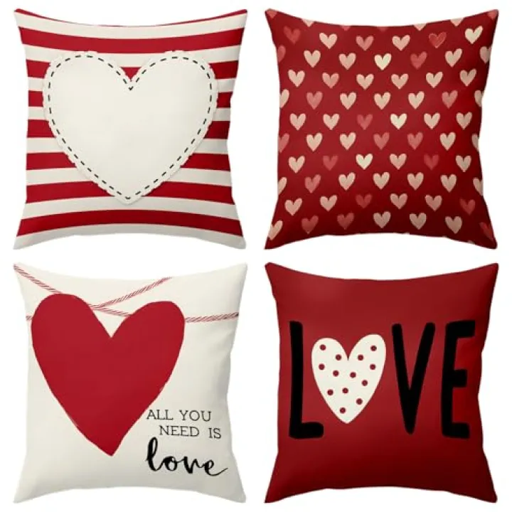 BBOLDIN Valentines Day Throw Pillow Covers 18x18, Heart Red and White Striped Pillow Cases Set of 4, Love Holiday Cushion Covers Decorations for Sofa Couch Living Room