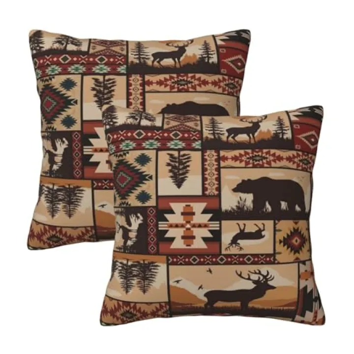 Rustic Wildlife Geometric Bear Throw Pillows Covers Set of 2 18x18 Inch, Retro Brown Bear Moose Decorative Throw Pillowcases, Brown Vintage Pillowcovers for Sofa Living Room Couch Bedroom Cabin Decor