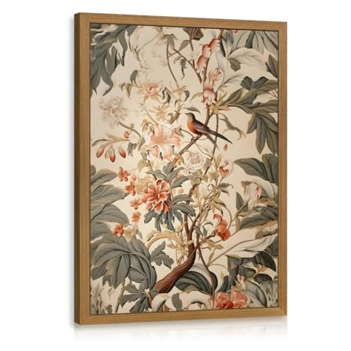 CAZLOUC Vintage William Morris Botanical Wall Art, Retro Floral Garden Bird Art Print, Neutral Botanical Wall Decor, Classic Beige Green Nature Artwork for Living Room Bedroom Wood Framed 12x16 Inch