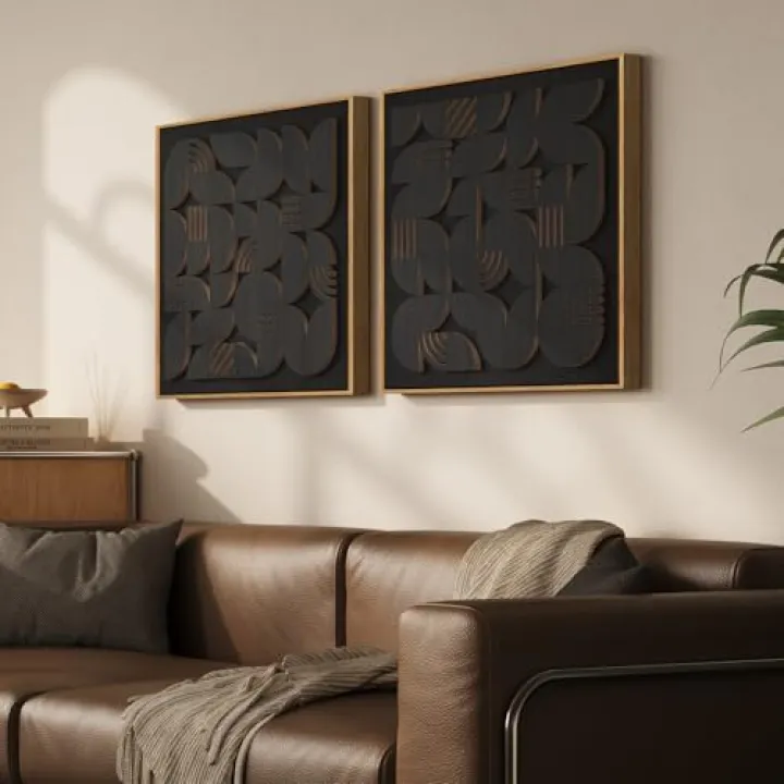 Framed 3D Black Abstract Wood Wall Art for Living Room, Set of 2 Modern Geometric Paintings Artwork for Walls, Minimalist Wooden Wall Decor for Bedroom, Kitchen, Office, Hallway, 24x24 Inch
