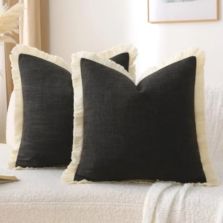Miuyunya Black Boho Decorative Throw Pillow Covers with Tassels 20x20 Square Linen Cushion Case for Couch Set of 2 Burlap Neutral Farmhouse Accent Pillows for Sofa Living Room Home Decor