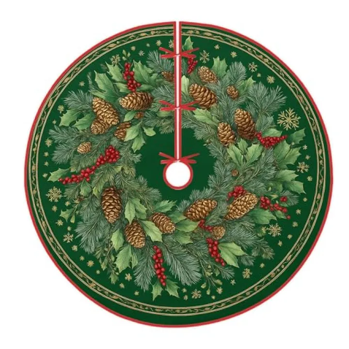 Pinecones Tree Skirt, Christmas Festive Holly Berries Christmas Green Reusable Velvet Knitted Tree Skirt for Home Office Indoor Outdoor Festival Party Decor 60 Inch