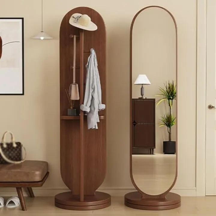 GRIPITHPY Solid Wood Full Length Mirror with Stand,Rotating Oval Floor Mirror with Storage Shelf & Hooks,Modern Standing Mirror Coat Hanger for Hallway, Bedroom,Living Room(65" L x 16" W, Walnut)