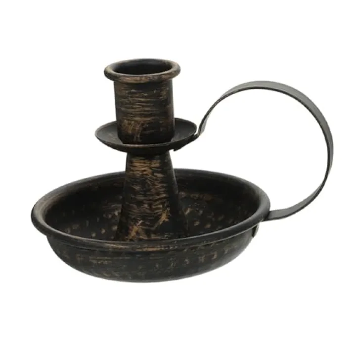 HAKIDZEL Vintage Metal Taper Candle Holder with Handle Stable Antitip Chamberstick for Table Decor Compatible with Pillar Taper Tea Light Candles Rustic Bronze Candlestick for Wedding