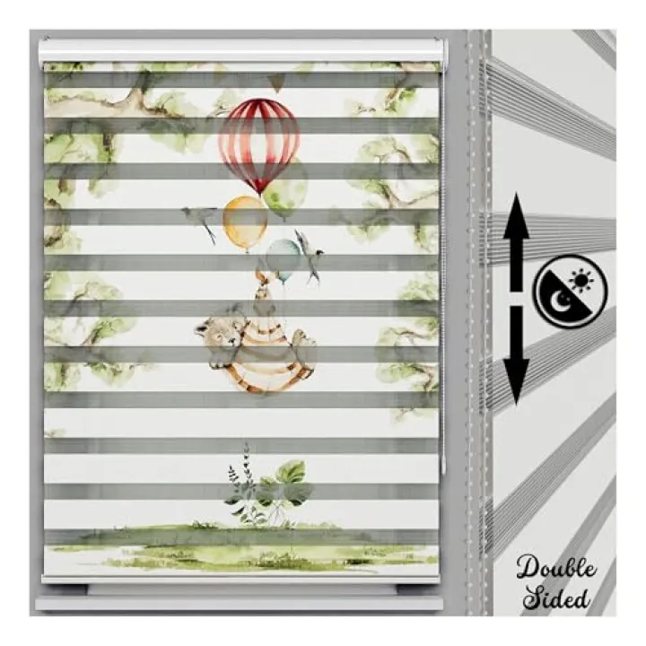 Balloons and Teddy Bear in The Forest Themed Roller Shades | Use for Baby Room | Patterned Custom Size Roller Blinds | for Windows Double Layer Curtains | Home Decor