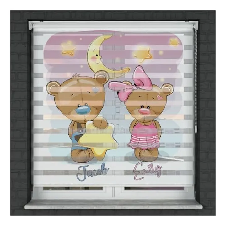 Crescent, Star and Teddy Bears Themed Roller Shades | Use for Baby Room | Patterned Custom Size Roller Blinds | for Windows Double Layer Curtains | Home Decor