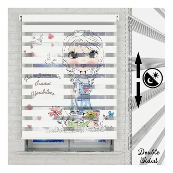 Gardener Girl Vector Themed Roller Shades | Use for Baby Room | Patterned Custom Size Roller Blinds | for Windows Double Layer Curtains | Home Decor | Baby Room Windows Decor