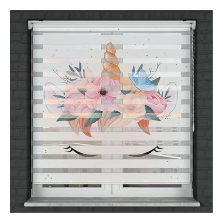 Unicorn and Flowers Themed Roller Shades | Use for Girls Room, Baby Room | Patterned Custom Size Roller Blinds | for Windows Double Layer Curtains | Home Decor