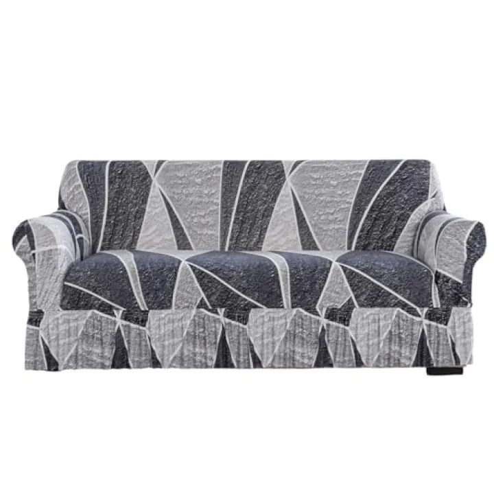 Printed Stretch Sofa Cover Patterned Couch Slipcover with Skirt Fashion Universal Furniture Protector Grey Geometry 73”-91”
