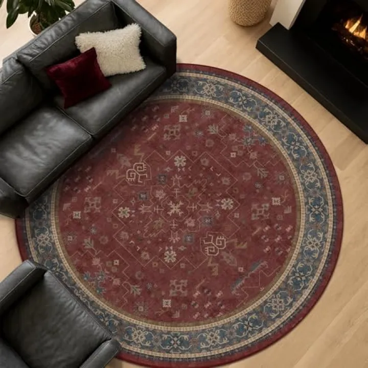 Burgundy 7ft Round Living Room Area Rug - Large Vintage Medallion Carpet, Washable Non-Slip Round Floor Rug for Bedroom, Dining Room, Geometric Floral Design, Cozy Home Décor, Stain Resistant